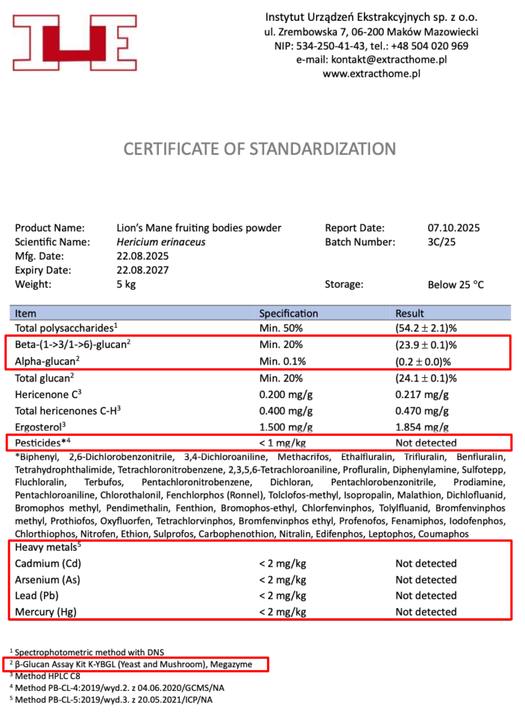 Certyfikat standaryzacji proszku z owocników soplówki jeżowatej ExtractHome – 23,9% beta-glukanu, 54,2% polisacharydów ogółem